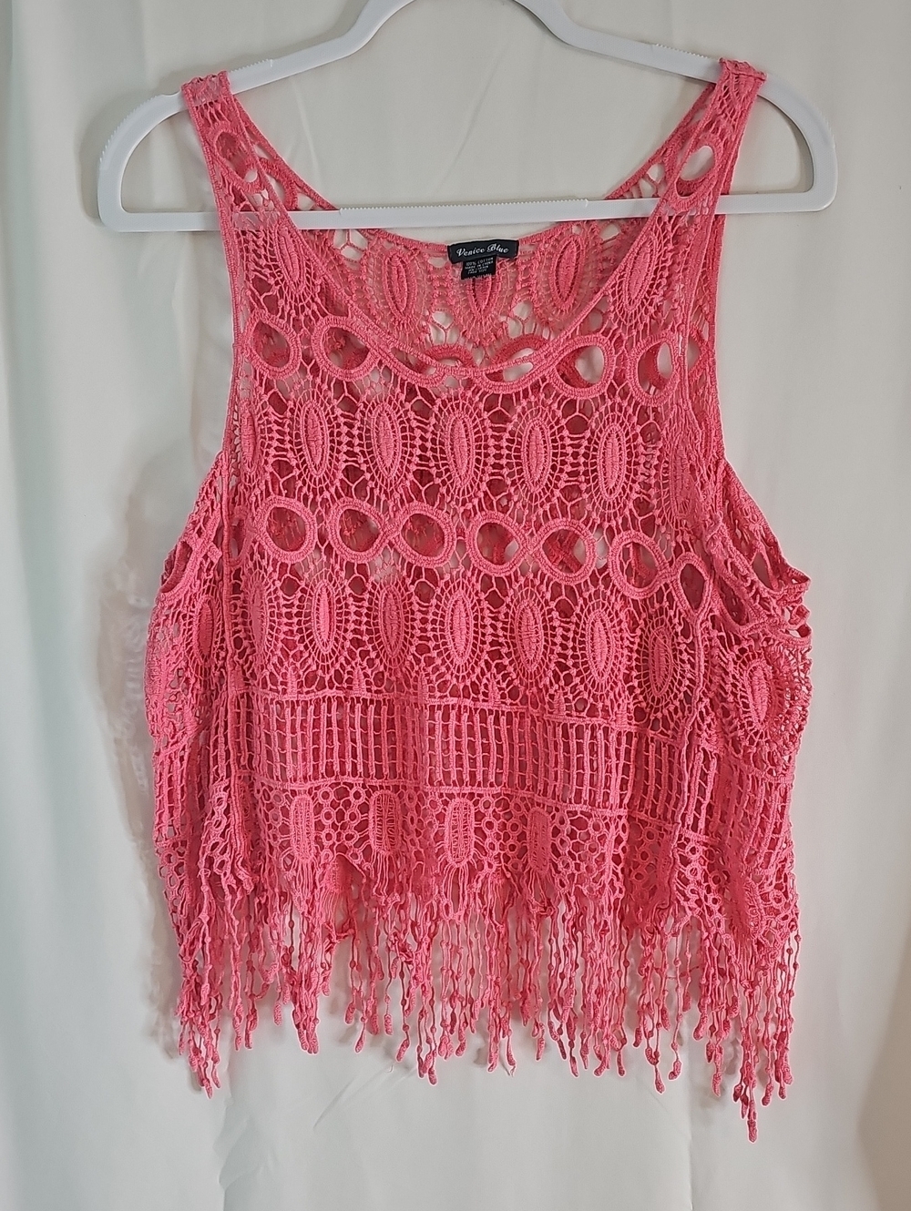 Vintage Venice Blue 100% Cotton  Coral Pink Crochet Fringe Camisole
